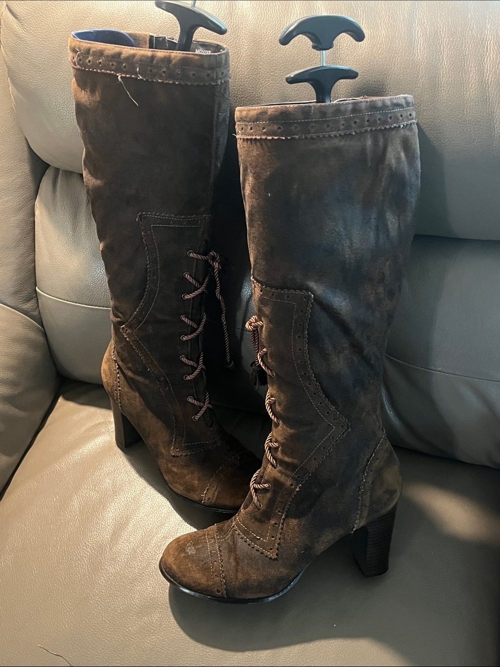 Women's Tall Suede Lace-Up Heeled Boots in Dark Brown Monique MUDD 8.5